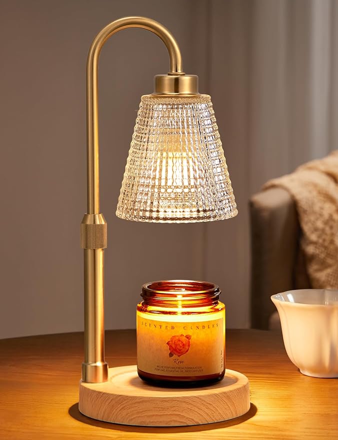 Wood Color& Clear Candle Warmer Lamp with Timer, Dimmable Candle Warmer for Jar Candles, Height Adjustable Wax Melts Warmer, Birthday Gifts for Women Mom, House Warming Gifts New Home Decor