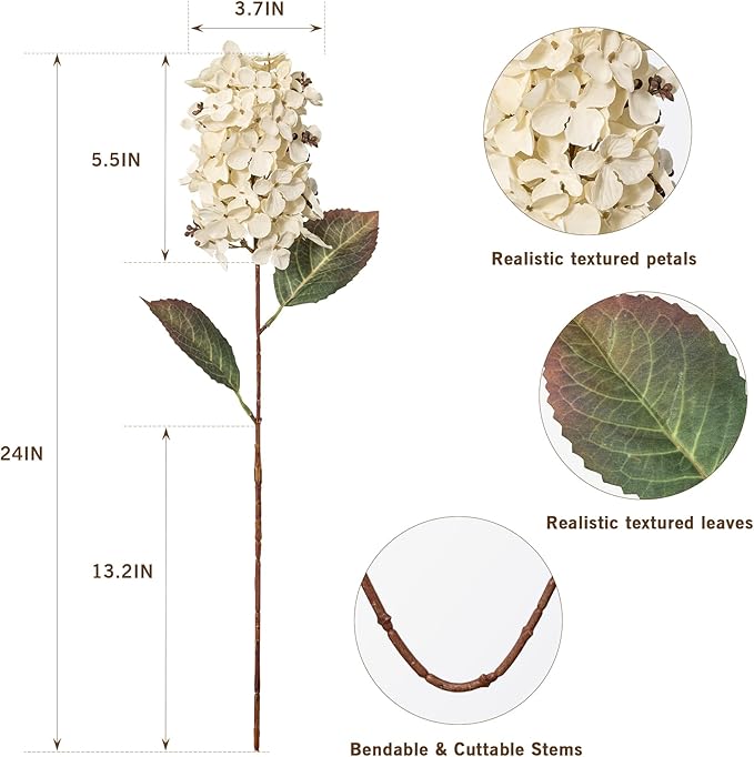 Ttranewsoo Hydrangea Artificial Flowers,Fall Hydrangeas Artificial Flowers, Fake Fall Dried Hydrangea Decoration,Faux Silk Flower with Stems Winter Decor Without Vase（Cream White 8PCS