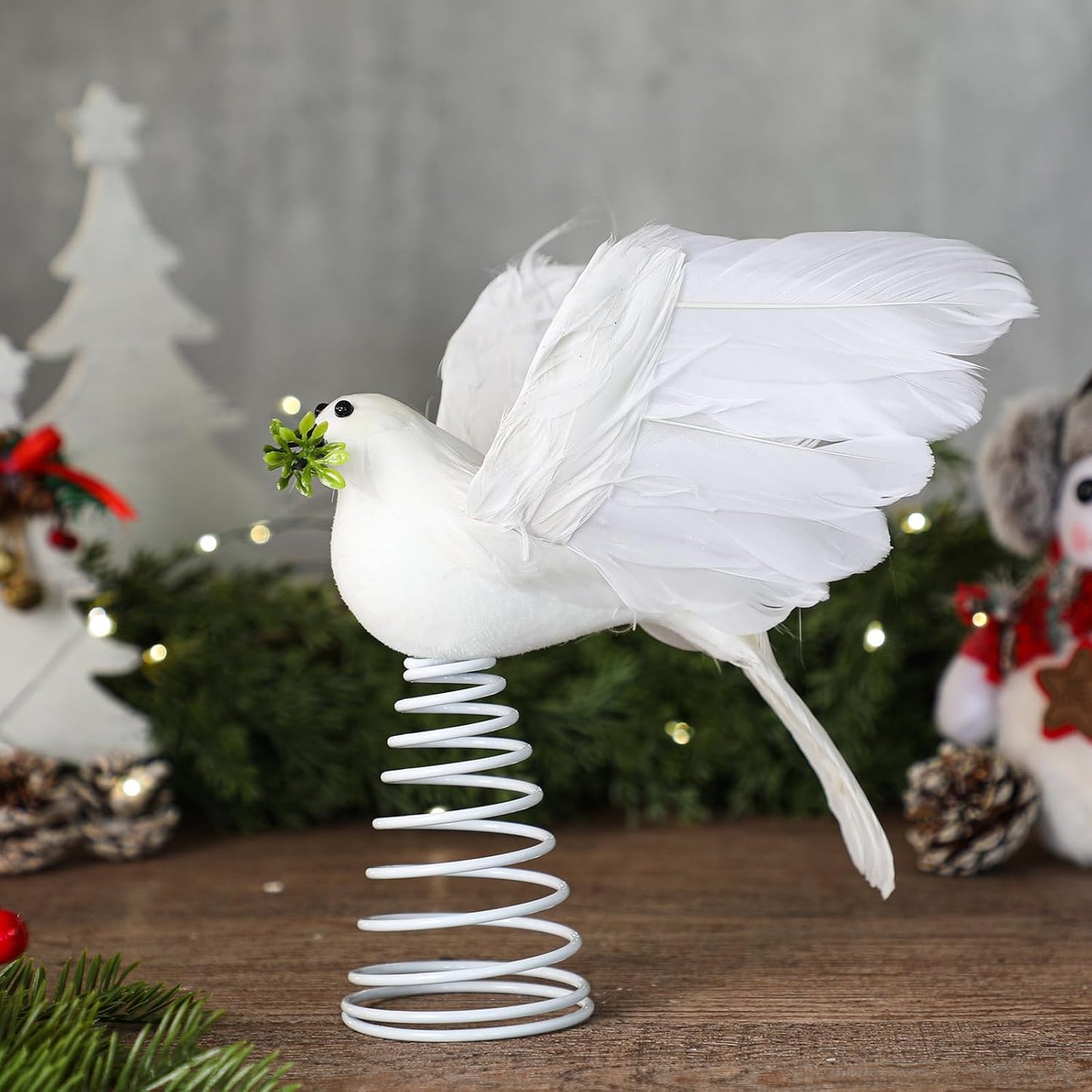 Retisee 9 Inch Dove Olive Christmas Tree Topper White Bird Christmas Tree Decoration Peaceful Flying Dove Ornaments Artificial Feather Flocked for Hanging Wedding Party Decor