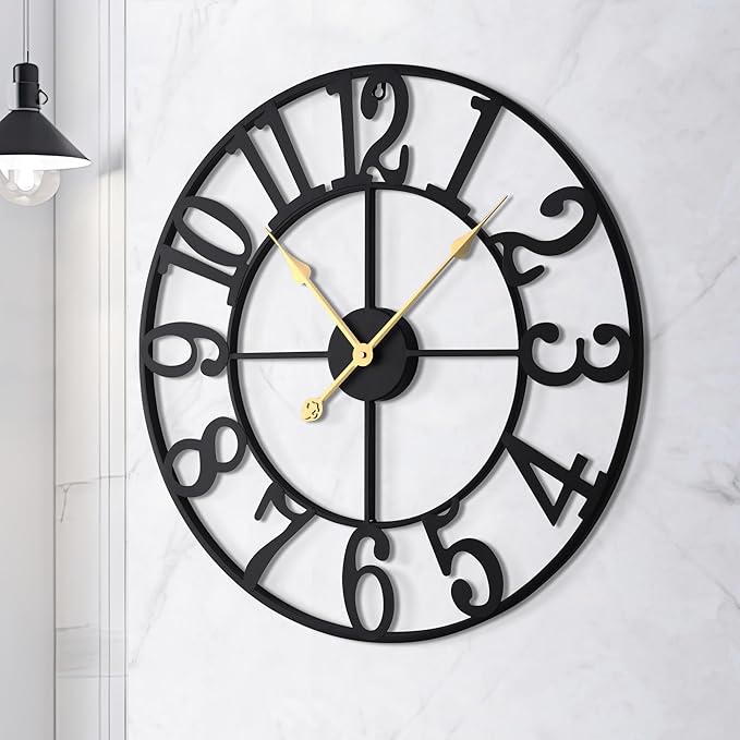 LEIKE Large Wall Clock, 24" Silent Non-Ticking, Battery Operated, Oversized, Decorative Retro Black Metal Clock for Living Room,Farmhouse, Dinner Room,Indoor, Outdoor Decor(60cm, Black Arabic Number)