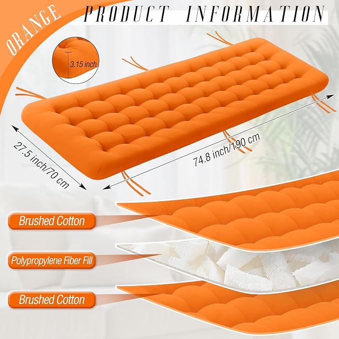 Vercraft Long Floor Cushion Large Floor Cushion with Brushed Cotton 74.8 x 27.5 x 3.15 in Jumbo Lounger Pillow for Outdoor Indoor Bay Window Meditation Yoga Reading Sleeping(1 Pc,Orange)