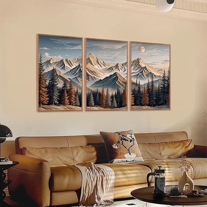 LHIUEM Vintage Landscape Wall Art,Large Wood Wall Art,Carved Wood Wall Decor,Earthy Landscape Canvas Art Prints,Big Snow Mountain Sunrise piciures,Birch Tree painting for Home Office -16"x24"x3