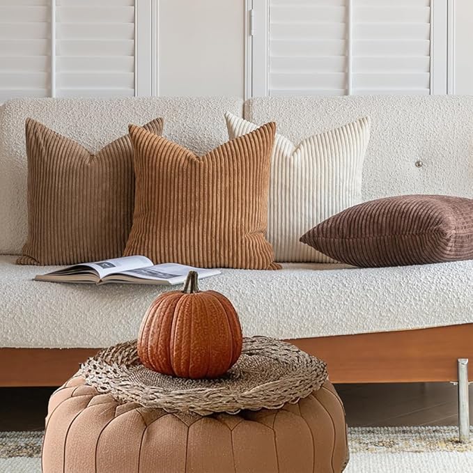 LANANAS Neutral Couch Throw Pillow Covers 20x20 Inch Set of 4 Decorative Farmhouse Boho Throw Pillows for Living Room, Couch, Bed, Sofa Soft Corduroy Accent Home Decor (Neutral Brown, 20x20 Inch)