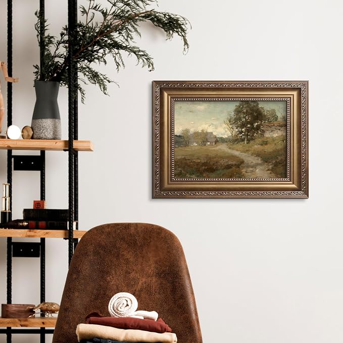Pinetree Art Framed Canvas Wall Art for Living Room Decor, Vintage Landscape Painting Wall Art Prints Bedroom Home Bathroom Decor (Rustic Glod, 12" x 16", Country Road)