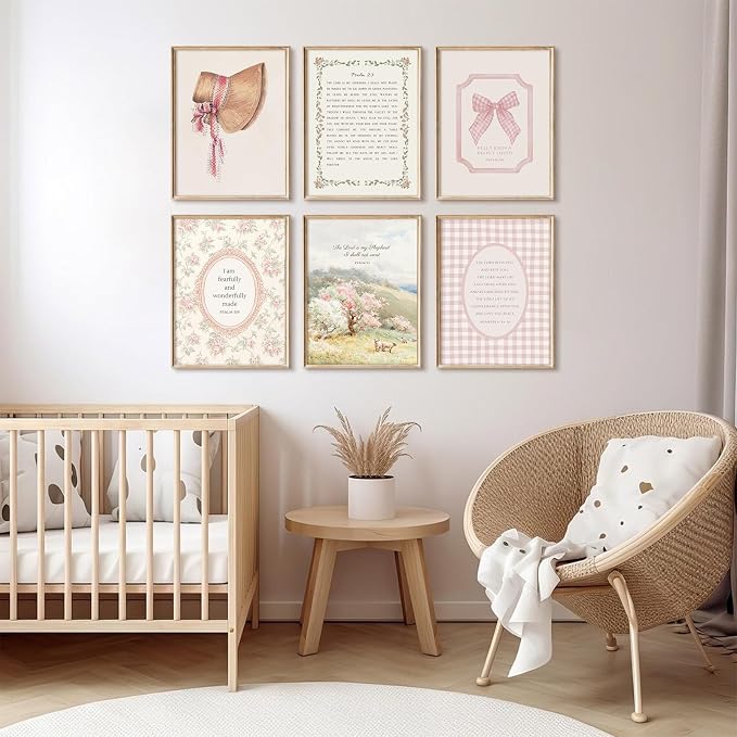 Christian Nursery Wall Art Bible Verse Canvas Wall Decor Pink Vintage Girls Nursery Poster Scripture Floral Bow Print Coquette Room Decor Pictures Jesus Artwork for Bedroom 12x16x6 Inch Unframed