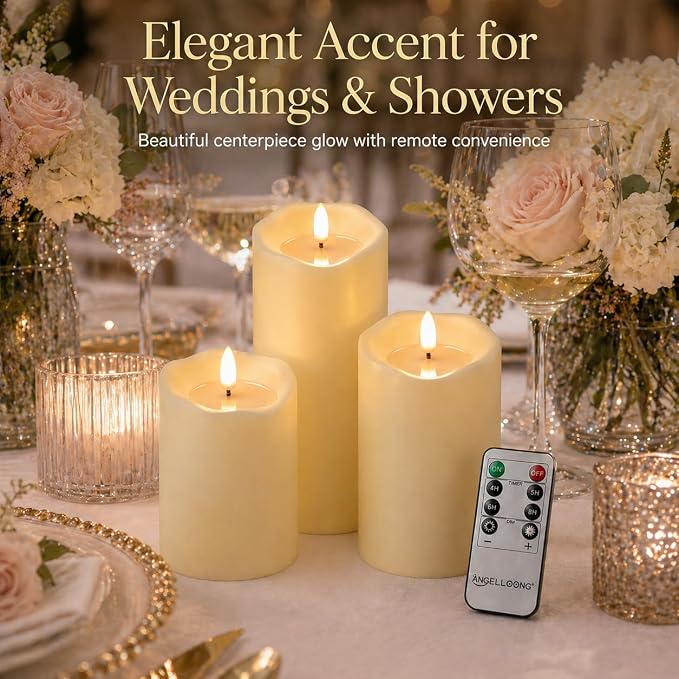 ANGELLOONG Flameless Candles with Remote, Flickering Battery Operated Pillar LED Candles with 4/5/6/8H Timer for Bridal Shower, Wedding Table Decor, Home Decor, Set of 3
