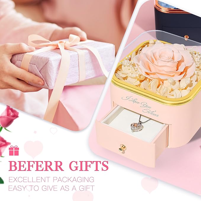 Beferr Mothers Day Forever Rose with Necklace for Mom Birthday Gifts Preserved Roses Eternal Flower for Delivery Fresh Flowers Gifts for Mother Wife Her Grandma Sister Daughter Girls Friends