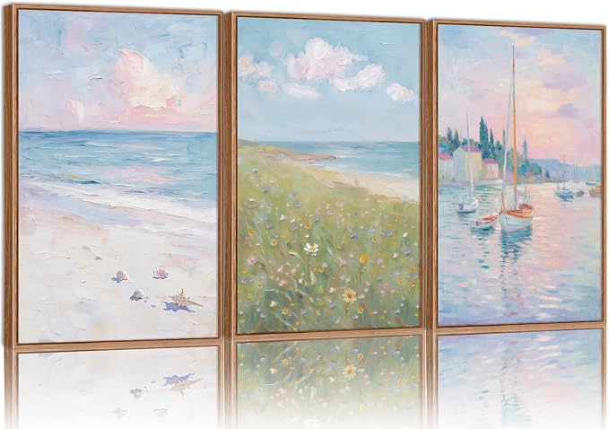 Rantodecor Impressionist Framed Canvas Wall Art, Vintage Italy Coastal Sailboat Wall Decor, Light Blue and White Posters Art Prints, Pastel Beach House Artwork for Bedroom Living Room Office 24"x36"x3