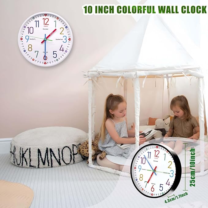 Learning Clock for Kids,10'' Silent Non-Ticking Teaching to Tell Time Colorful Wall Clocks for Children's Room Bedroom Classroom Home Decor, Gifts for Christmas Birthday (White)