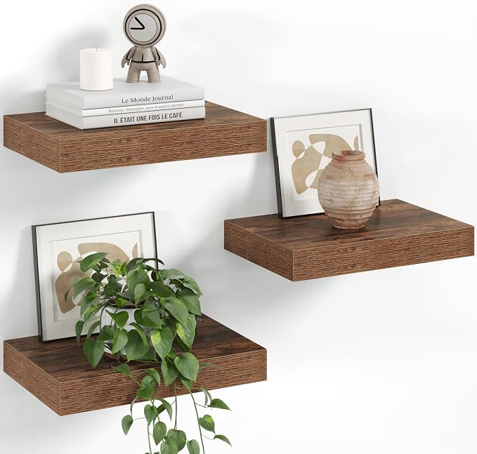 Fun Memories 12 Inch Floating Shelves for Wall Set of 3, Wood Grain Bathroom Shelves with Invisible Brackets, Easy Install Wood Storage Shelves for Kitchen, Living Room, Bedroom, Brown