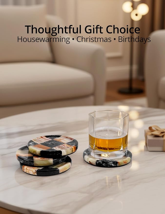 Marble Coasters Set of 4, Zebra Black & Green Handmade 4 inch Round Natural Marble Coaster, Elegant Drink Checkered Coaster Plates for Coffee Table, Stylish Bar Accessories & Home Décor