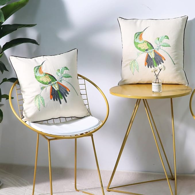 Set of 2 Embroidered Decorative Throw Pillow Covers Couch Square Pillowcases Cushion for Bedroom Sofa Farmhouse Decor 18x18 Inch (Hummingbird)