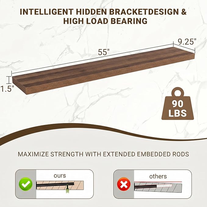 Acovy 55 Inch Floating Shelves, 55"x9.25"x1.5" Inch Deep Floating Shelves for Wall, Wooden Shelves for Bathroom, Bedroom, Living Room, Walnut,1 Piece