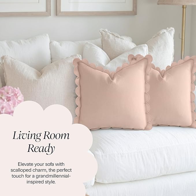 BEBE BASK Scalloped Pillow Cover - Set of 2-18 x 18 Inch - Scallop Pillow Cover - Pink Scalloped Pillows - Scallop Pillows - 100% Cotton - Grandmillennial Style (Peach Pink/Peach)