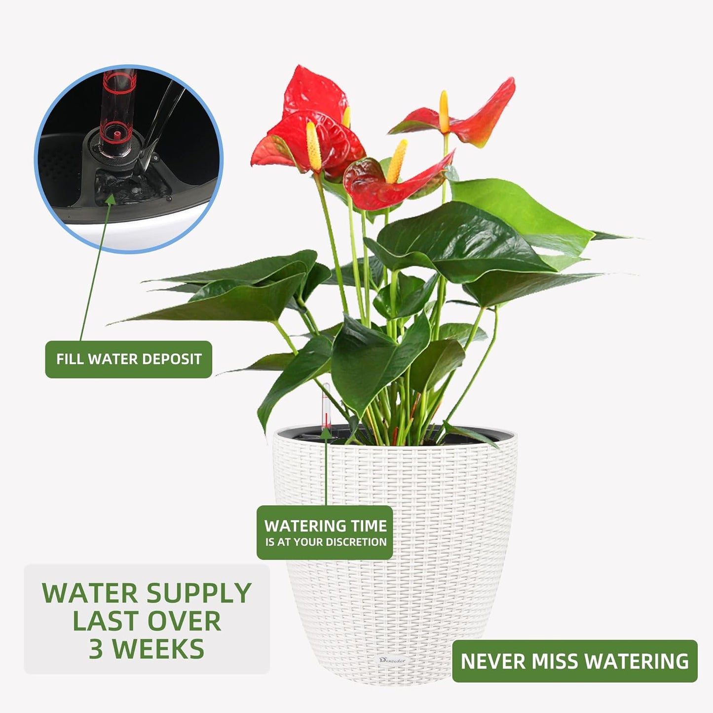 Dexceder 18x17 Inches Rattan Self Watering Planter Indoor Outdoor, Inner Pot Design, Thickened Table Flower Plant Pot with Water Level Indicator (Ivory White)