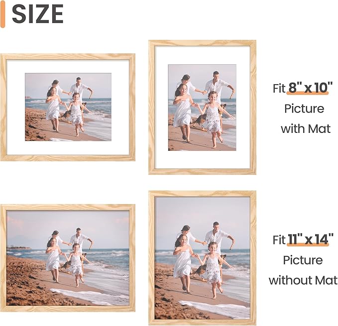 upsimples 11x14 Picture Frame Set of 5, Display Pictures 8x10 with Mat or 11x14 Without Mat, Wall Gallery Photo Frames, Natural