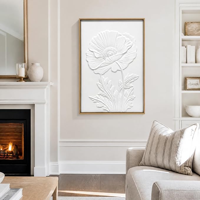 SAFERRYHOME White Flower Textured Carve Wall Art, 24"x36" Framed | Large 3D Floral Framed Canvas Wall Decor, Modern Flower Botanical Painting Elegant Nature Artwork for Home Office Living Room