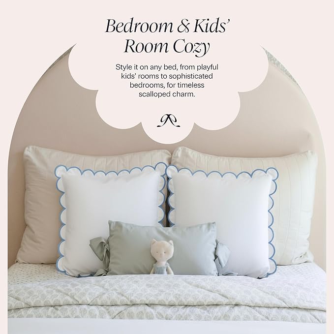 BEBE BASK Scalloped Pillow Cover - Set of 2-18 x 18 Inch - Scallop Pillow Cover – White and Blue Scalloped Pillows - Scallop Pillows - 100% Cotton - Grandmillennial Style (White/Blue)