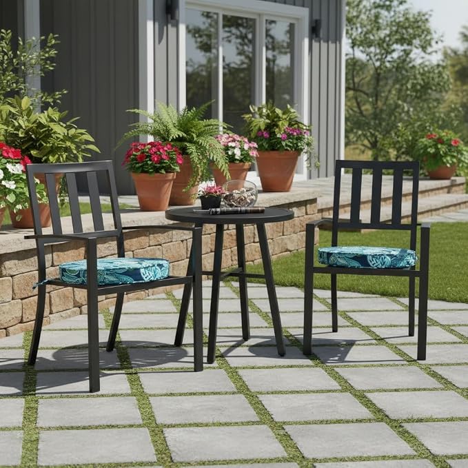 Set of 2 Outdoor 18 inch Round Patio Dining Chair Pads – Comfortable Fiber-Filled Seat Cushions with Ties, Reversible Polyester Fabric, Botanical Crestwood