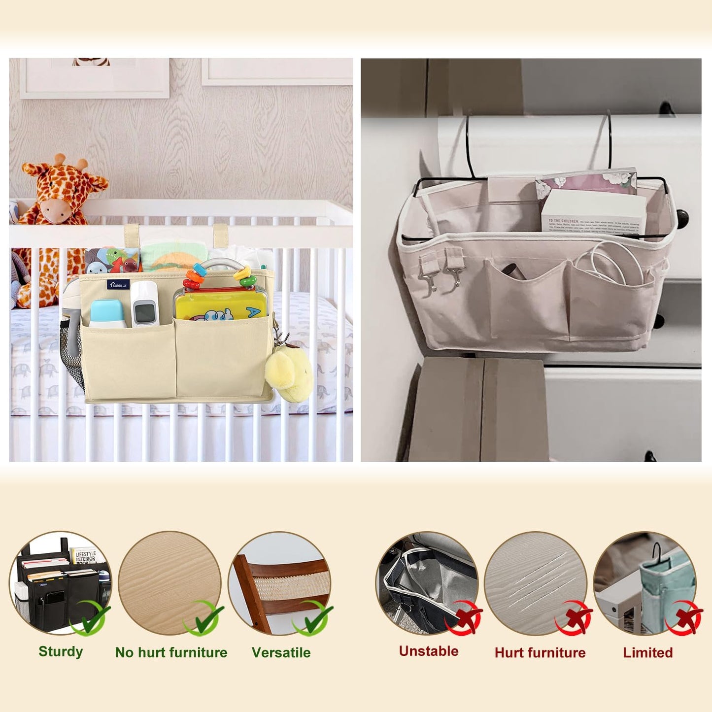 Surblue Bedside Caddy Hanging Organizer Storage Bag Pocket for Bunk, Hospital, College Dorm Rooms, Baby Bed Rails, Camp - 8 Pockets, Large, Beige
