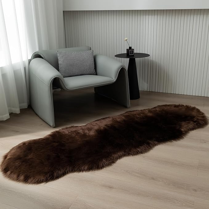 Faux Fur Sheepskin Runner Rug Coffee 2x6 ft Ultra Soft Shaggy Plush Fluffy Fuzzy Area Carpet Decorative Chair Cover Floor Mat for Bedroom Sofa Living Room Bedside
