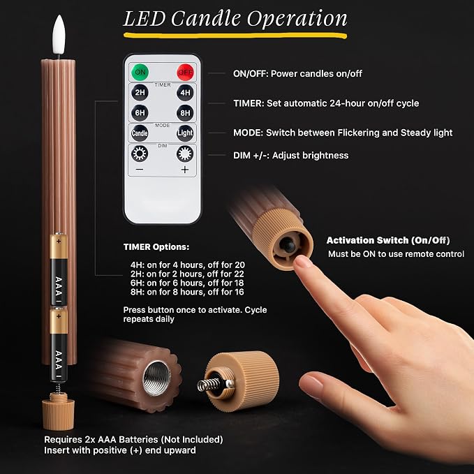 12 Pack, 10" LED Flameless Brown Tan Fluted Ribbed Grooved Taper Candles w/ 2 Remotes & 24h Timer Memory, On/Off Button, Dimmable, Flicker Mode, Battery Operated, Christmas Menorah Wedding