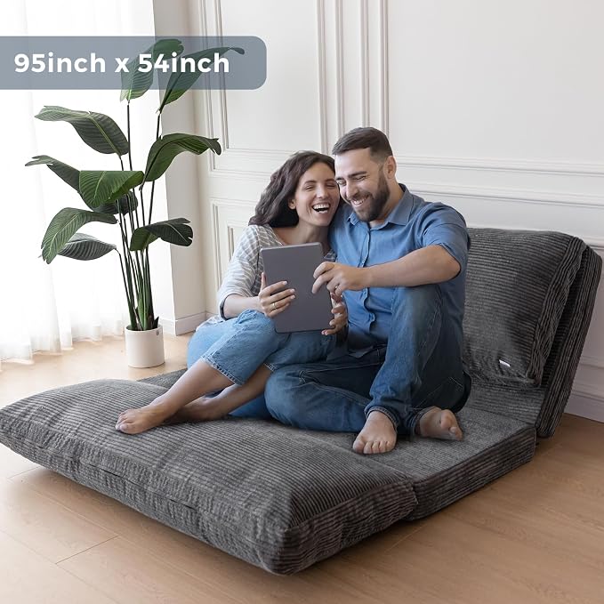 MAXYOYO Folding Sofa Bed, Extra Thick and Long Floor Sofa Convertible Chair with Washable Cover, Floor Couch Lounge Bean Bag Bed for Living Room, Dark Grey, 54x91 Inch