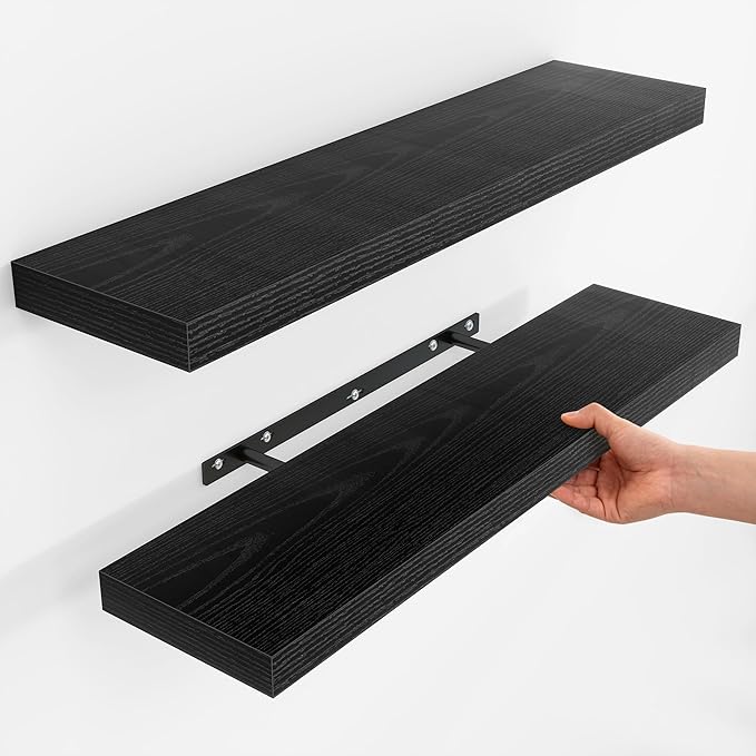 Fun Memories Floating Shelves for Wall, Rustic Wood Wall Mounted Shelves for Bathroom, Bedroom, Living Room & Kitchen, Storage Display Shelves, (Set of 2, Black, 32 in)