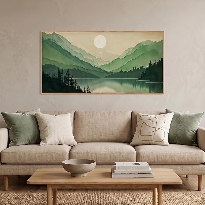 Watercolor Mountain Framed Canvas Wall Art Set, Boho Sun Forest Wall Decor, Green Scenery Wall Painting, Modern Woodland Artworks for Living Room, Bedroom, Dining Room, Office-20 x40x1
