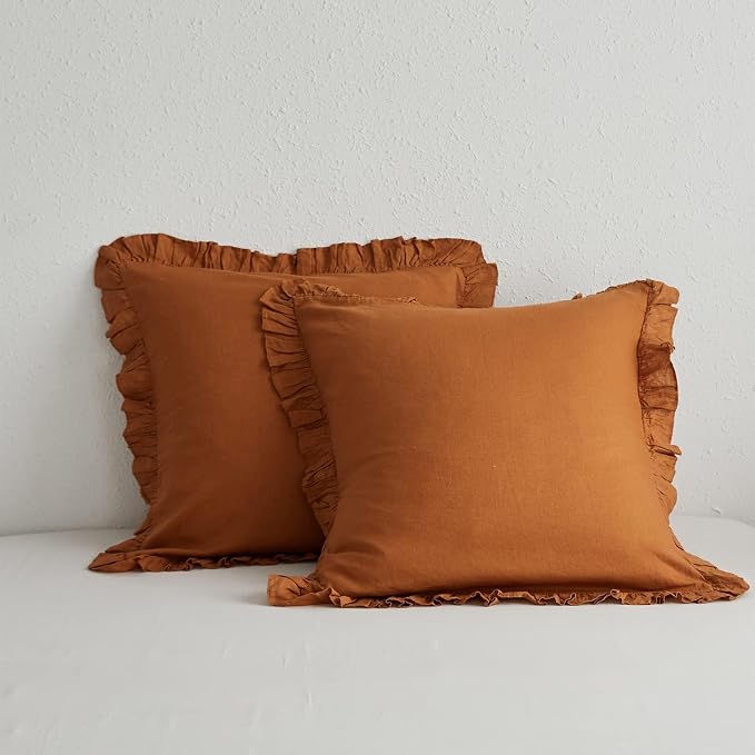 Simple&Opulence 100% Linen Euro Sham Covers with Ruffle, 26x26 Inch Pillow Covers Set of 2, Euro Pillow Shams for Bed Couch French Home Decor Luxury and Breathable Square Pillow Cases, Rust