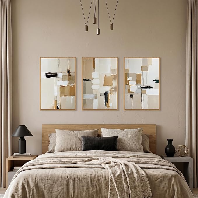 Large Abstract Beige Framed Canvas Wall Art Set, Neutral Textures Wall Decor, Warm Minimalist Shapes Wall Painting, Modern Neutral Art Prints for Living Room, Bedroom, Office - 16"X24"X3