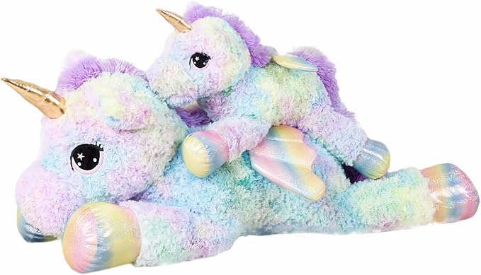 FFxiong 44 Inch Giant Rose Rainbow Unicorn Stuffed Animal Plush Toy with Wings Soft Cute Large Unicorn Plushies Animals Body Pillow Gift for Children Boy Girl Kids Birthday Valentine Room Decorations