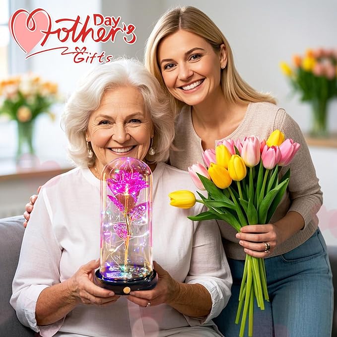 Mothers Day Flowers Gifts for Mom Women Birthday Gift, Rechargeable Galaxy Glass Rose in Glass Dome Forever Crystal Rose Flower Anniversary Mothers Day Roses Gifts for Daughter Wife Women Grandma Pink