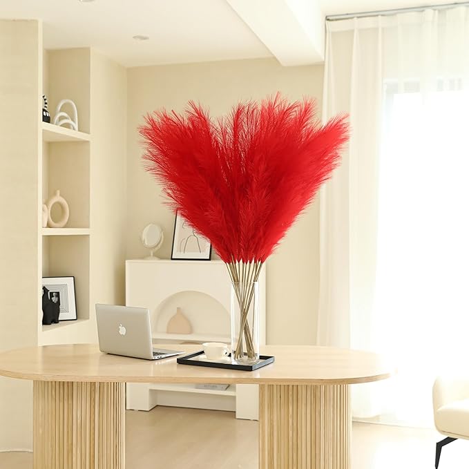 Wertuirk Red Pampas Grass Decor - 45-Inch Set of 8 | Artificial Large Pampas Grass Soft and Fluffy | Long Faux Flower | Perfect for Wedding Centerpieces, Farmhouse, Living Room Decor