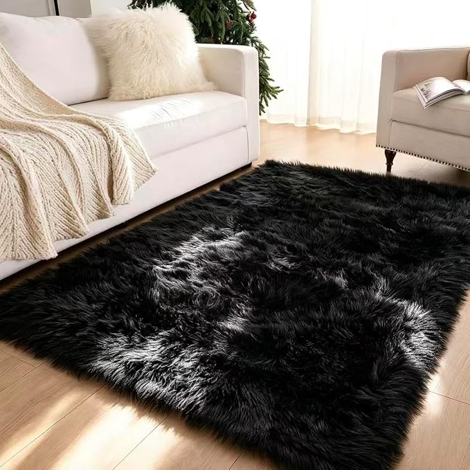 Faux Fur Rug Black Sheepskin Area Rug,Ultra Soft 4x6 ft Rectangular Shaggy Plush Rug for Bedroom Sofa Floor Bedside Living Room Kids Room