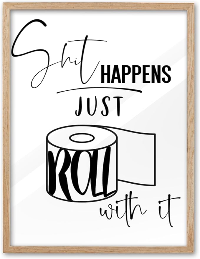 UPWOIGH Funny Toilet Paper Oak Framed Canvas Wall Art, 12x16in Black and White Bathroom Humor Print, Modern Minimalist Poster Wall Decor for Restroom or Washroom, 1Pack Gift Idea