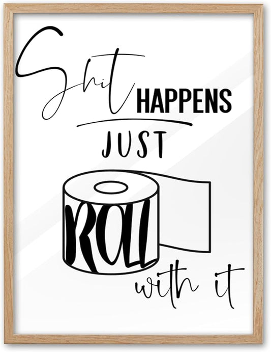 UPWOIGH Funny Toilet Paper Oak Framed Canvas Wall Art, 12x16in Black and White Bathroom Humor Print, Modern Minimalist Poster Wall Decor for Restroom or Washroom, 1Pack Gift Idea
