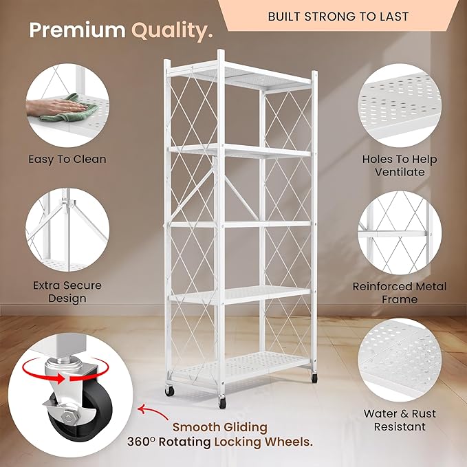 Our Modern Space 5-Tier Foldable Storage Shelf with Wheels | Metal Rack Collapsible Shelving Display | Rolling Cart for Books Kitchen Storage Shelves | Pantry & Closet Organizer | Office Room Decor