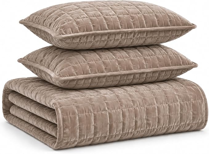 Tribeca Living Luxury Velvet Quilt Queen Size Set - 260GSM Ultra-Soft Oversized Velvet Bedspread Comforter Set with 2 Shams, in Florence Taupe