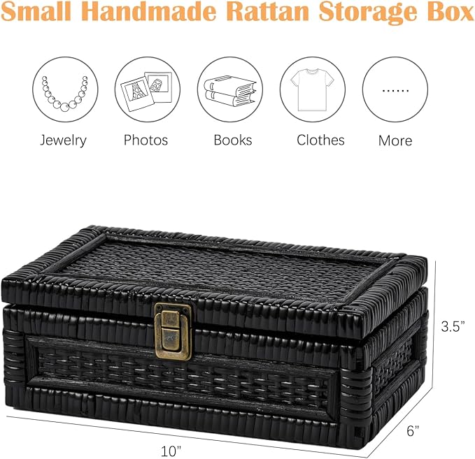 Rattan Box with Lid Decorative Natural Handmade Boho Rattan Baskets Woven Wicker Cane Bins Keepsake Memory Jewelry Boxes Rectangular Desk Shelf Closet Organizer Container (Black, Small)