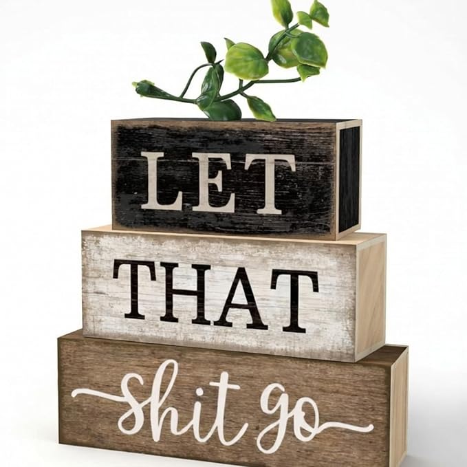 Moucuny 4 Pcs Farmhouse Table Decor Washroom Wooden Signs Rustic Eucalyptus Leaves Wooden Block Sign Gift Let that Shit Go Farmhouse Table Centerpiece for Living Room Housewarming Gift