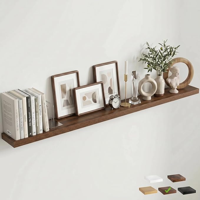 Venusmiles Floating Shelves for Wall, 72 Inch Floating Shelves Set of 1, 6.5" D Wooden Wall Mounted Display Shelves with Invisible Brackets for Living Room, Bedroom, Bathroom, Kitchen Decor, Walnut