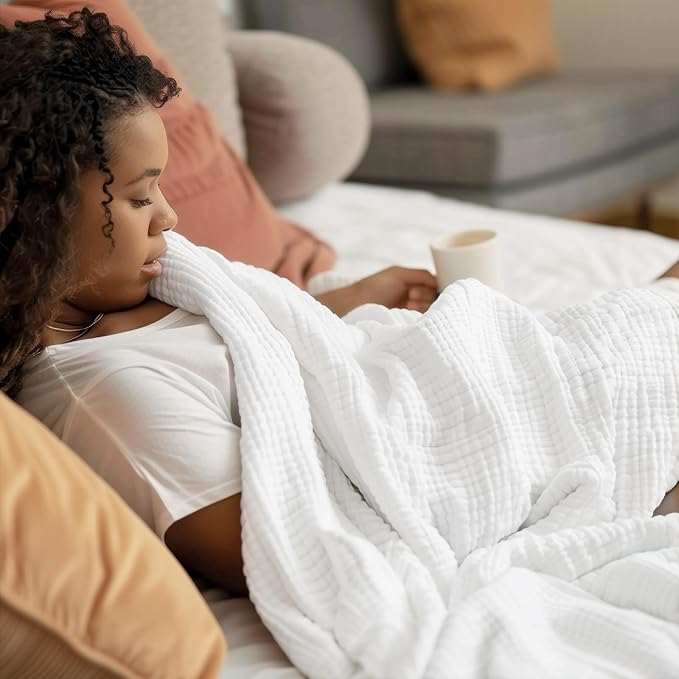 100% Cotton Muslin Blanket Twin 60" x 80", Breathable and Lightweight Cotton Twin Blankets for Couch, Soft Cooling Summer Gauze Blanket for Adults All Season, White