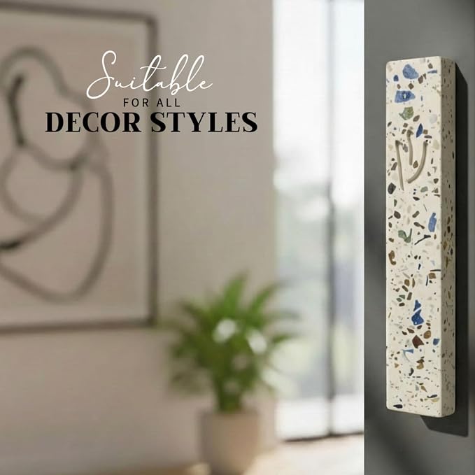 SURI Mezuzah with Non Kosher Scroll for Door – 5 Inch Terrazzo Cream and Turquoise Mezuzah Case, Self-Stick Modern Mezuza Cover, Fits a 4 Inch Scroll, Gift Box Included