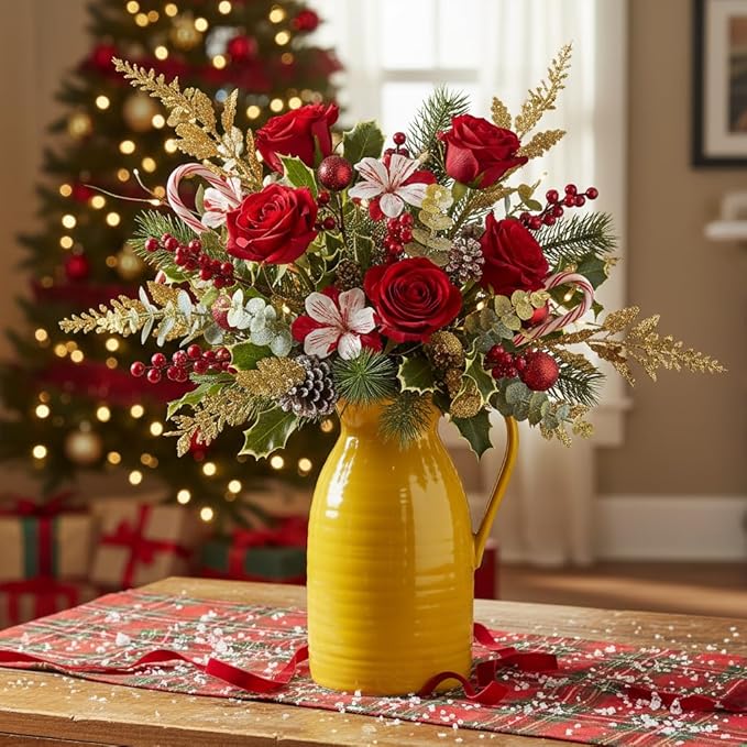 hjn Farmhouse Pitcher Vase for Flowers- Decrative Pitchers White Ceramic Pitcher Yellow Vase for Your Kitchen/Home Decor/Office/Living Room/Bookshelf/Mantel/-Yellow
