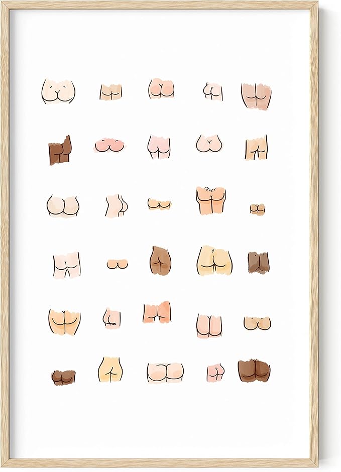 HAUS AND HUES Funny Bathroom Art - Butts Collage Cute Bathroom Decor, Sign, Wall Art (Beige Frame, 24x36)