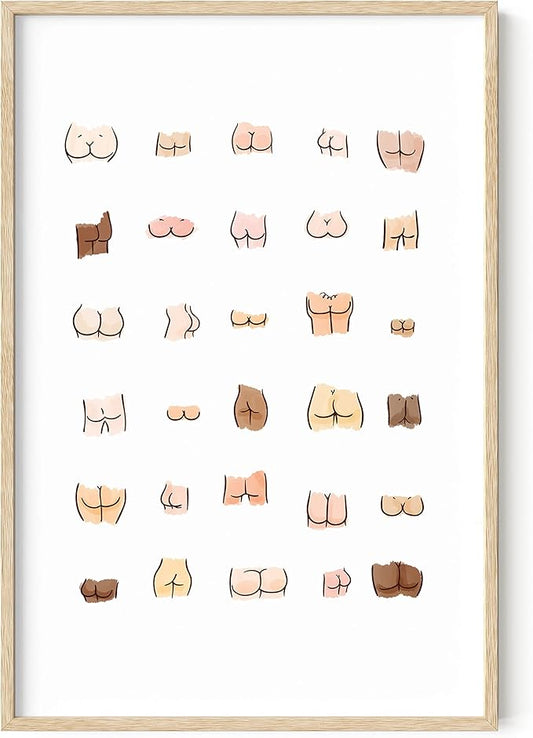 HAUS AND HUES Funny Bathroom Art - Butts Collage Cute Bathroom Decor, Sign, Wall Art (Beige Frame, 24x36)