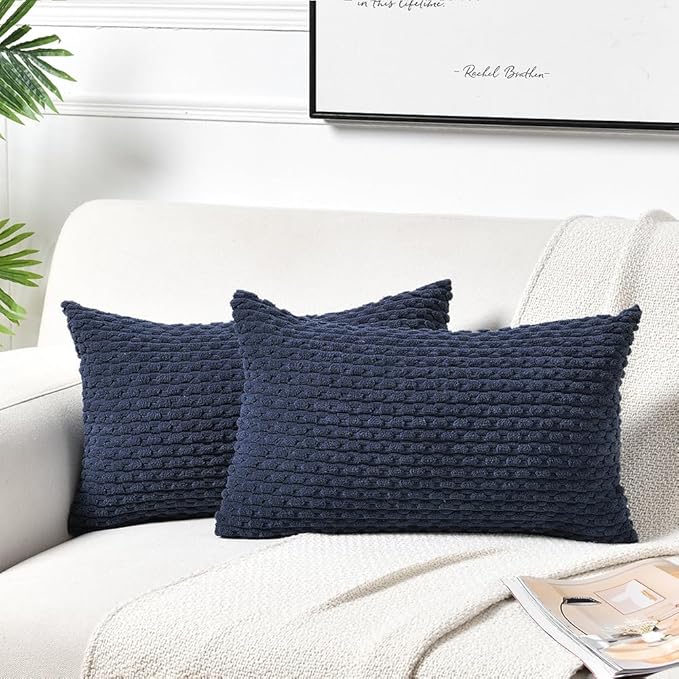 Fancy Homi 2 Packs Navy Blue Long Lumbar Decorative Throw Pillow Covers 14x24 Inch for Couch Bed Sofa, Modern Farmhouse Boho Home Decor, Soft Cute Plush Corduroy Rectangle Cushion Case 35x60 CM