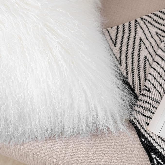 Mongolian Lamb Fur Throw Pillow Cover (16'' x 16'', White) Real Fur Decorative Cushion Cover Pillow Case for Living Room Bedroom