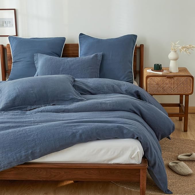 Simple&Opulence 100% Linen Duvet Cover Set, 3 PCS Classic Blue Duvet Cover King Size, Breathable Soft Comfy Linen Bedding Comforter Cover with 2 Pillowcases(Classic Blue, 104"x92")